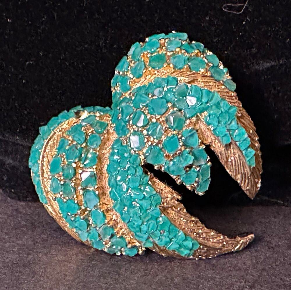 1960s PANETTA Signed Brutalist Textured Gold Plated Faux Turquoise Nugget Brooch